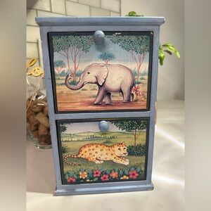 Hand Painted Wooden Jewelry Box with Drawers – Elephant & Leopard Animal Design